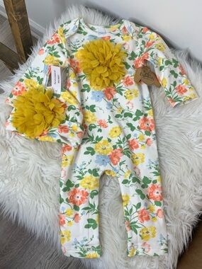 Baby Essentials Floral Baby Romper & Hat Set with Yellow Flower Accents Size 12M